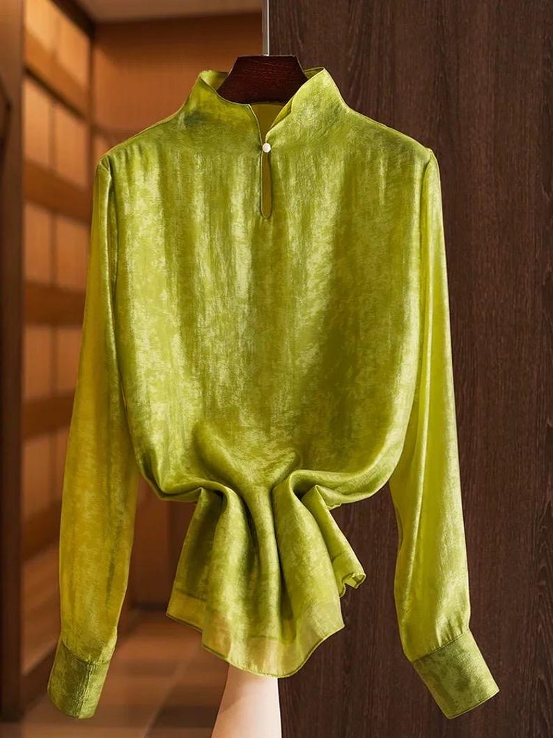 Emerald Tencel Satin Blouse – Keyhole Neck Long Sleeve Minimalist Top image 4