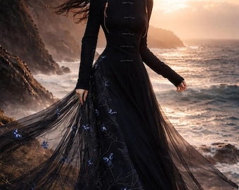 ミッドナイトバタフライ ネオチャイニーズクチュールドレス – シースルー刺繍トレーン付きゴシックオリエンタルイブニングガウン