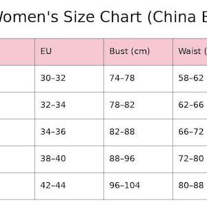 May include: A size chart for women's clothing, with measurements in centimeters. The chart includes sizes from XS to XL, with corresponding US, EU, and China (E-com) sizes, along with bust, waist, and hip measurements.
