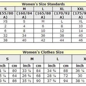 以下が含まれることがあります： 女性用衣類のサイズ基準と、インチとセンチメートルでの測定値を詳細に示した、黒いテキストの白いチャート。バスト、ウエスト、ヒップの測定値と、国際的なサイズ換算が含まれています。