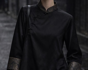 Charcoal Butterfly Jacquard Tencel Blouse | Modern Mandarin Collar Silk Feel Shirt