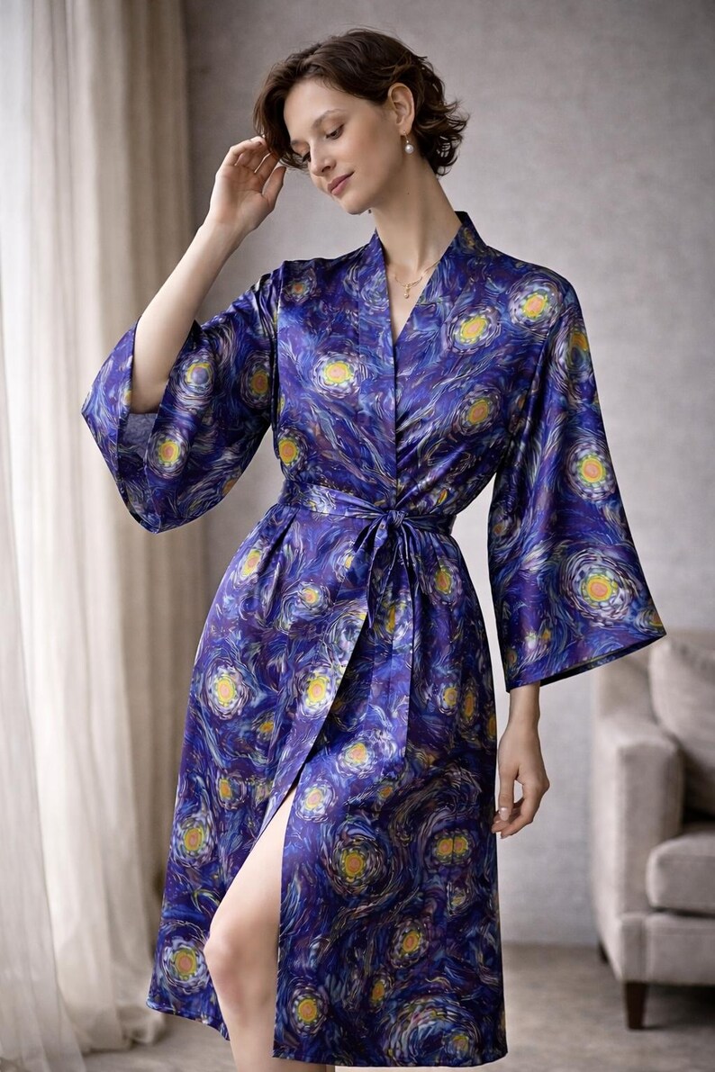 Starry Night Mulberry Silk Kimono Robe Dress – Artistic Wrap Loungewear ...