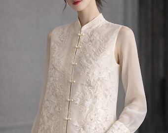 Embroidered Silk Blend Blouse and Vest Set – Modern Mandarin Collar Top, Sheer Sleeves