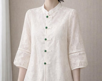Ivory Lace Mandarin Blouse – Elegant New Chinese Embroidered Top with Jade Buttons