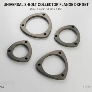 May include: Four gray, triangular 3-bolt collector flanges. The text "UNIVERSAL 3-BOLT COLLECTOR FLANGE DXF SET" is at the top, with size specifications of 2.50", 3.00", 3.50", and 4.00". The text "DXF ONLY" is at the bottom.