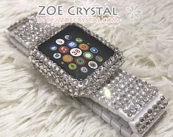 Apple Watch BEDAZZLED  Bling Clear white Swarovski Crystal Case Protector Cover with a Luxury White Rhinestone iWatch Band Strap