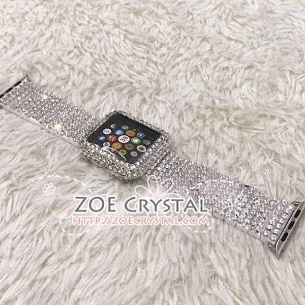 Apple Watch Bling BEDAZZLED Étui protecteur de luxe en cristal Swarovski blanc transparent avec un bracelet iWatch en strass blanc