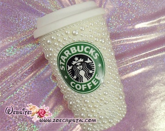 Bedazzled BLING STARBUCKS Coffee Cup / Mug / Tumbler Trisha Paytas Sparky Shinny w Creamy White Pearls + Crystals Rhinestone Chill Relax