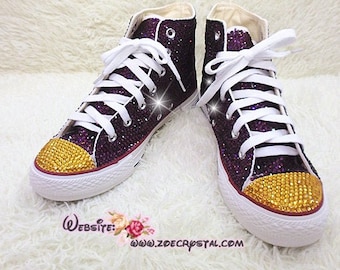 Bling Bedazzled CONVERSE Chuck Taylor All Star SNEAKERS Canvas Shoes with Shinny & Sparkly Crystal Rhinestone - Purple and Gold Color