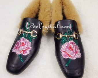 Rose Print Leather Winter Slippers with Czech or Swarovski Crystal Rhinestone and Fur