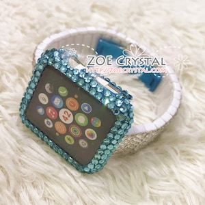 Apple Watch bling bling, étui/protection/étui en cristal bleu lac avec un bracelet/bracelet de montre en strass Swarovski argentés