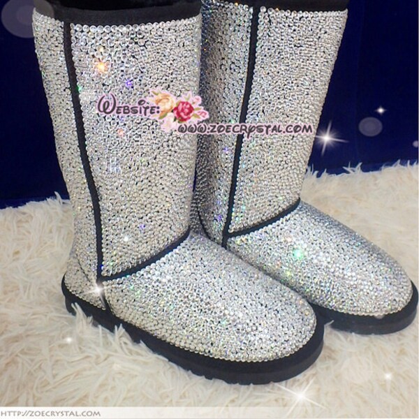 SHINY WINTER Bling and Sparkly Strass SheepSkin Wool BOOTS w shinning Czech or Swarovski Crystals