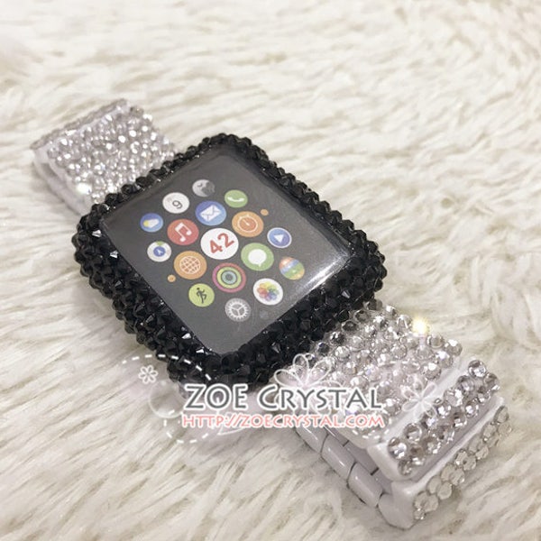 Bling Apple Watch Black Swarovski Crystal Case / Protector / Cover with a Silver White Rhinestone iWatch Band / Strap