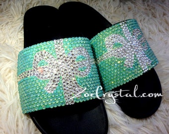 NEW Bling Bedazzled Black SANDALS / SLIDES / Slippers with Bow Fashinable Cool Shinny Sparkly Crystal Rhinestone Glitter
