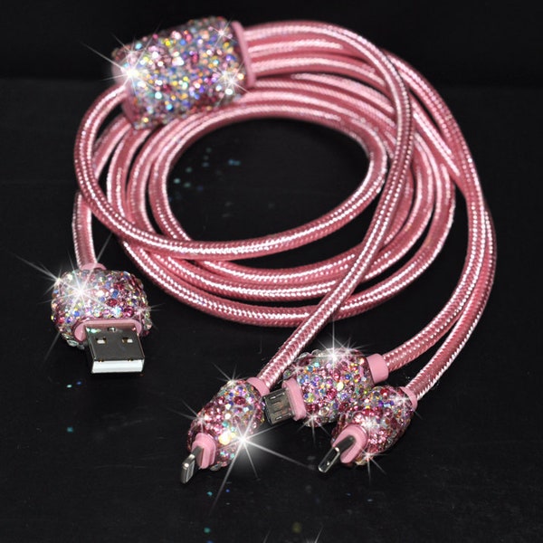 Bling Bedazzled Pink Mobile Phone Charging Data Cable 3 in 1 Lightning, USB C, Micro USB to USB - Apple iPhone iPad & Android Cell Phone