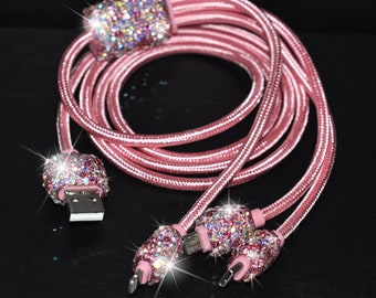 Bling Bedazzled Pink Mobile Phone Charging Data Cable 3 in 1 Lightning, USB C, Micro USB to USB - Apple iPhone iPad & Android Cell Phone