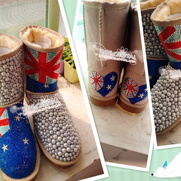 New**England Flag Style WINTER Bling and Sparkly Creamy White Pearls Wool BOOTS w shinning Czech or Swarovski crystals