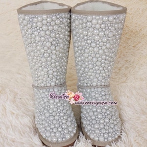 SHINY WINTER Bling and Sparkly Tall Creamy White Pearls SheepSkin Wool BOOTS w shinning Czech or Swarovski crystals
