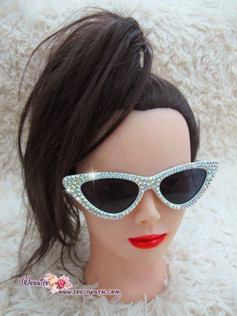 HOLLYWOOD Fashionable Cat Eye Sunglasses Shades Sunnies w AB White Bling Sparkly Rhinestones Festival Rockabilly Retro Pin Up