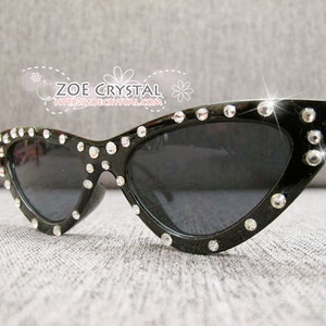 HOLLYWOOD Fashionable Cat Eye Sunglasses Shades Sunnies Embelished w Clear White Bling Sparkly Rhinestones Festival Rockabilly Retro Pin Up