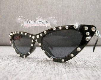 HOLLYWOOD Modieuze cat eye-zonnebril Shades sunnies verfraaid met helder witte bling sprankelende strass steentjes festival rockabilly retro pin-up