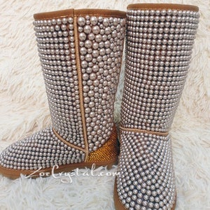 New Color**SHINY WINTER Bling and Sparkly Tall Brown and Gold Pearls SheepSkin Wool BOOTS w shinning Czech or Swarovski crystals