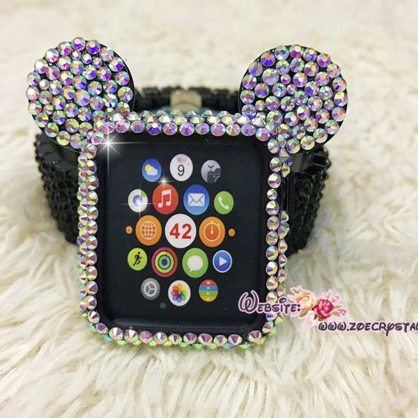 BEDAZZLED Apple Watch ab White Swarovski Case/ Protector / Cover with a Black Rhinestone iWatch Band / Strap