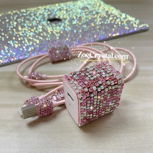 Bling Bedazzled Pink Phone CHARGE CABLE 3 in 1 usb lightning and CHARGER Box Block Plug Adapter  - Apple iPhone iPad Airpod Macbook Android