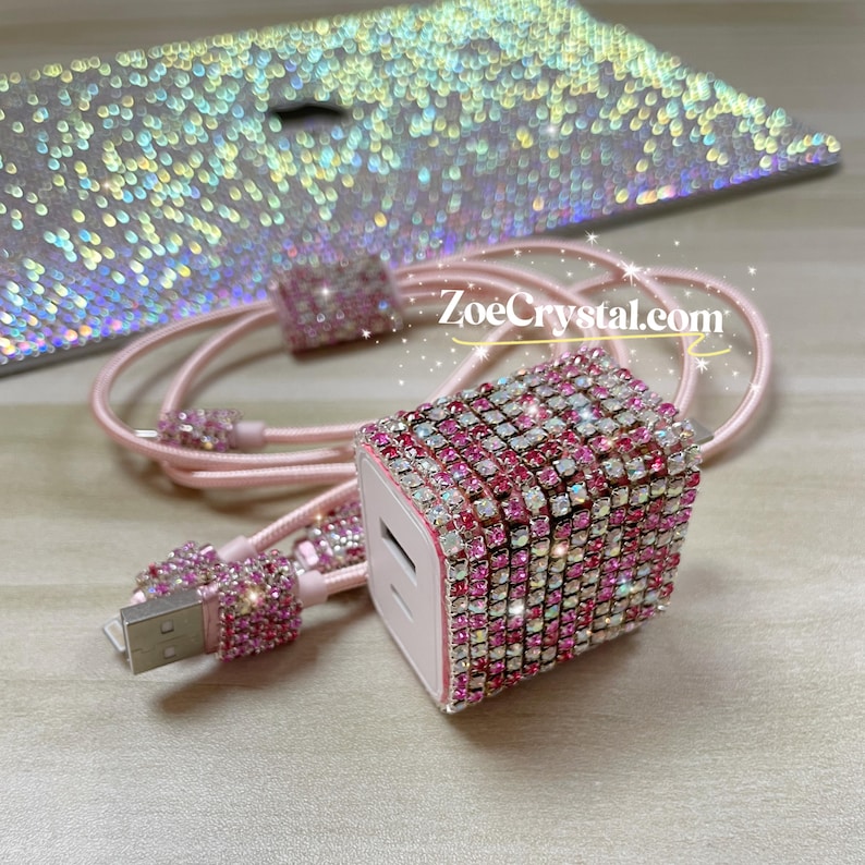 Bling Bedazzled Pink Phone Charge Cable and Charger - Thumbnail 4