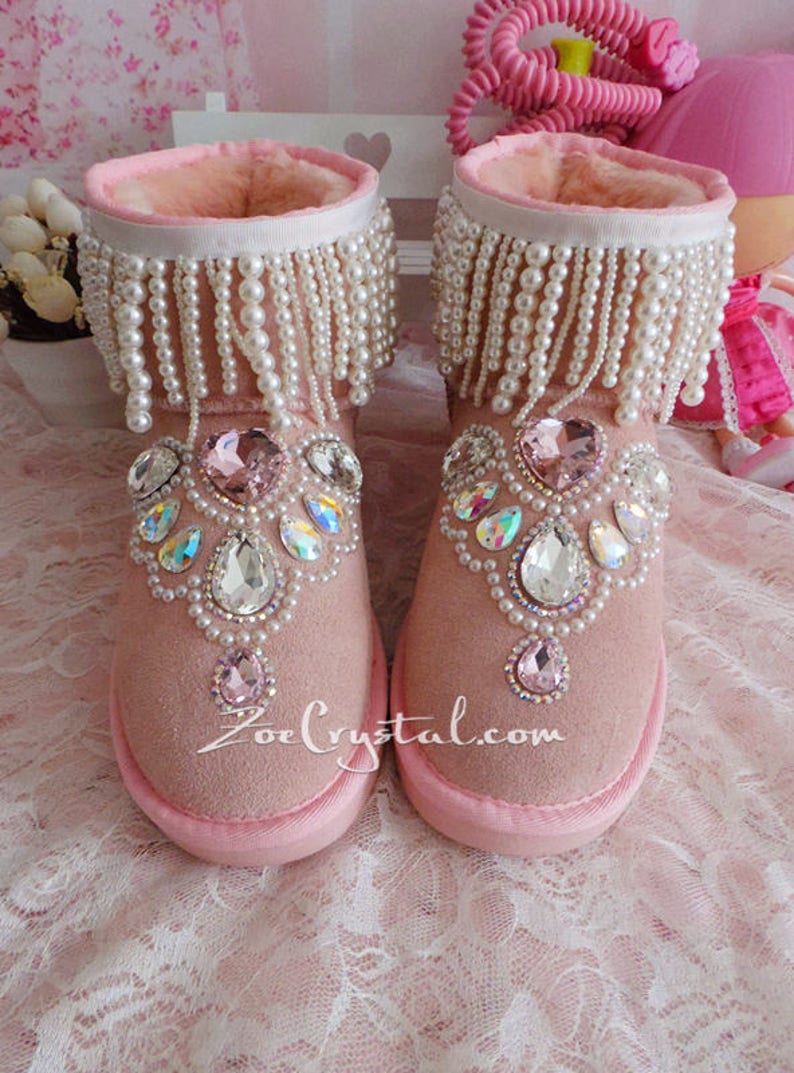 New **PROMOTION WINTER Pink Sheepskin FleechWool Boots with shinning and Princess CRYSTALS Pearls