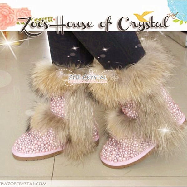 SHINY WINTER Bling and Sparkly Double Layers Fur SheepSkin Wool BOOTS w shinning Czech or Swarovski Crystals and Pearls