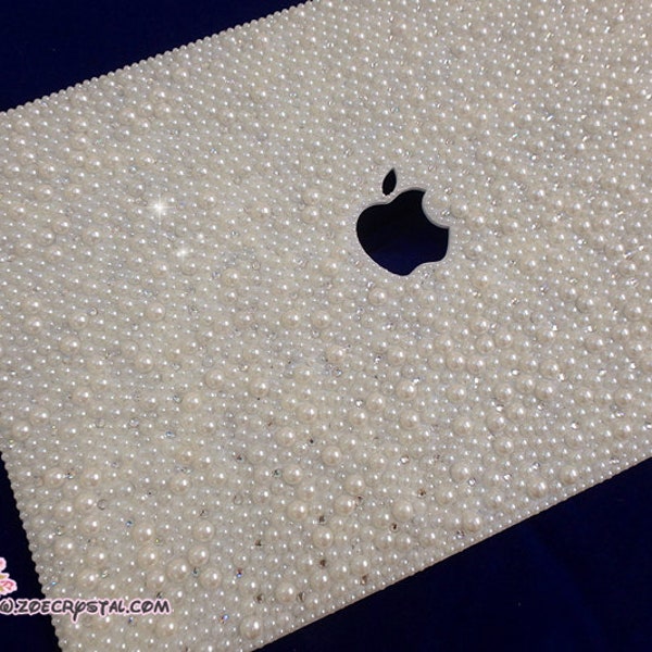 MACBOOK Air Pro Case Cover Bedazzled Bling Creamy White Pearls Swarovski Rhinestone Sparkly Shinny Bejeweled