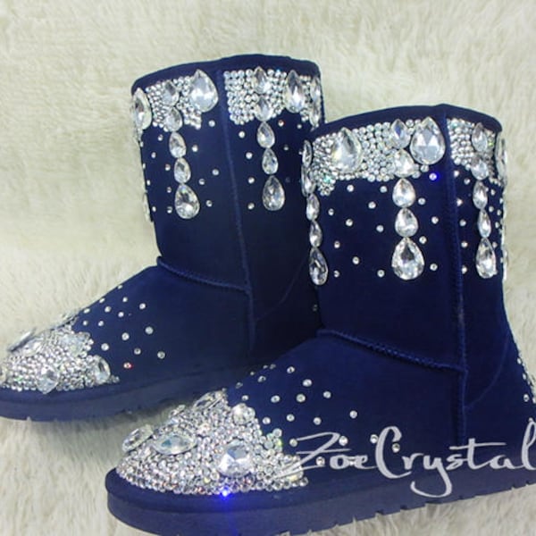 New Color**SHINY WINTER Blue Leather Sheepskin Fleech/Wool Boots with shinning and stylish CRYSTALS