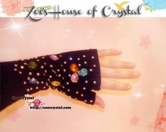 WINTER Black Wool ARM WARMERS with Rhinestones and Crystals