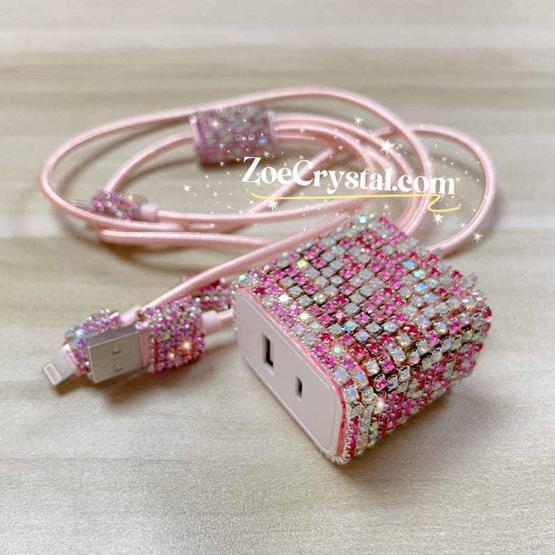 Bling Bedazzled Pink Phone Charge Cable and Charger - Thumbnail 5