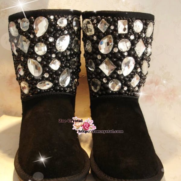 SHINY: WINTER Bling and Sparkly Black Pearl SheepSkin Wool Boots embroided with Czech / Swarovski Rhinestones