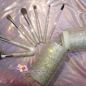 BLING 1 SET 7PCS Makeup Cosmetic Brushes & Holder for Beauty Bedazzled Rhinestones Foundation Eyelash Eyebrow Eyeshadow Blusher