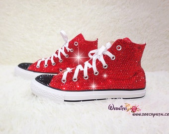 Bling Bedazzled CONVERSE Chuck Taylor All Star SNEAKERS Scarpe di tela con strass di cristallo scintillanti e brillanti - Colore rosso e nero