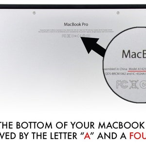 May include: Close-up of the underside of a silver MacBook Pro laptop. The label shows the model number, "Model A1425", and other technical information.