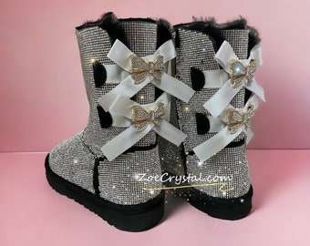 New**Super Bling and Sparkly middle high SheepSkin Wool BOOTS w shinning Czech crystals Bailey bow boots