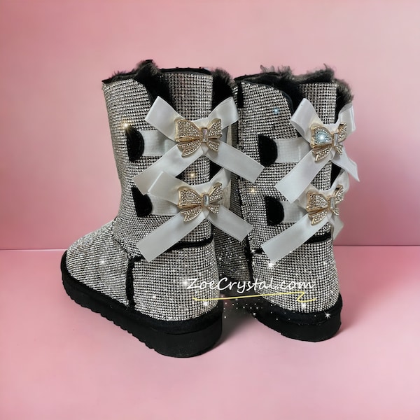 New**Super Bling and Sparkly middle high SheepSkin Wool BOOTS w shinning Czech crystals Bailey bow boots