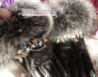 WINTER Sales- Black Leather Fur GLOVES with Elegant Rhinestones and Crystals
