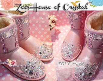 Botas de invierno brillantes de piel de oveja rosa con forro polar y lana, adornadas con cristales brillantes y elegantes.