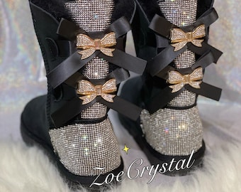 New**Super Bling and Sparkly middle high SheepSkin Wool BOOTS w shinning Czech crystals Bailey bow boots