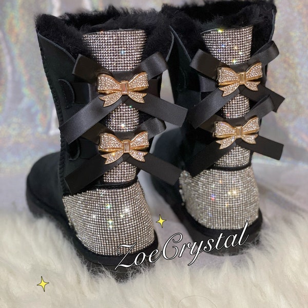 New**Super Bling and Sparkly middle high SheepSkin Wool BOOTS w shinning Czech crystals Bailey bow boots