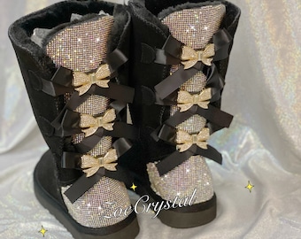 New**Super Bling and Sparkly middle high SheepSkin Winter Snow Wool BOOTS w shinning Czech crystals 3 Bailey bow boots