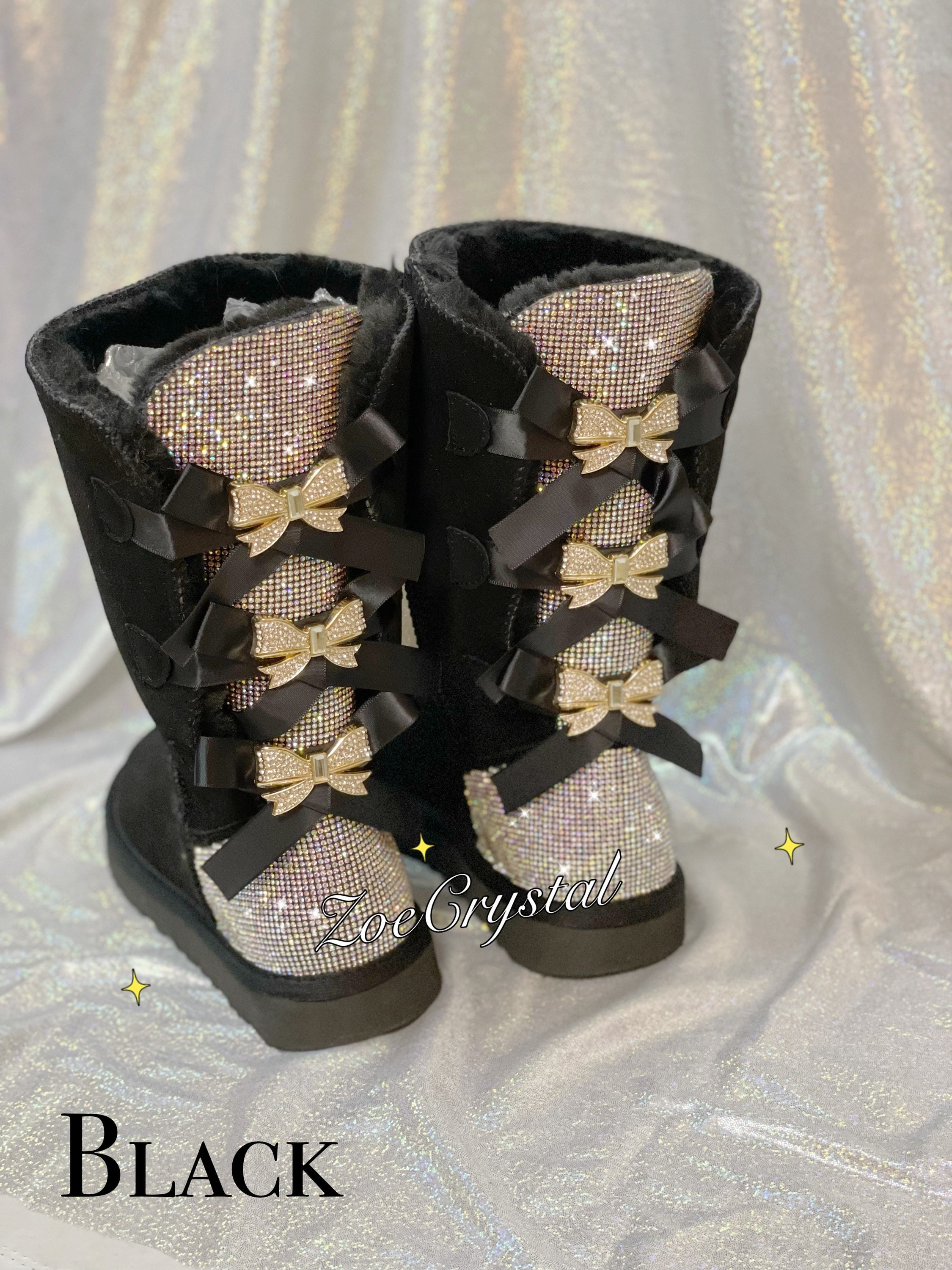  SHOEDEZIGNS Bling 41 Womens Sequin Faux Fur Shearling Snow  Boots Rose Gold/Black 6