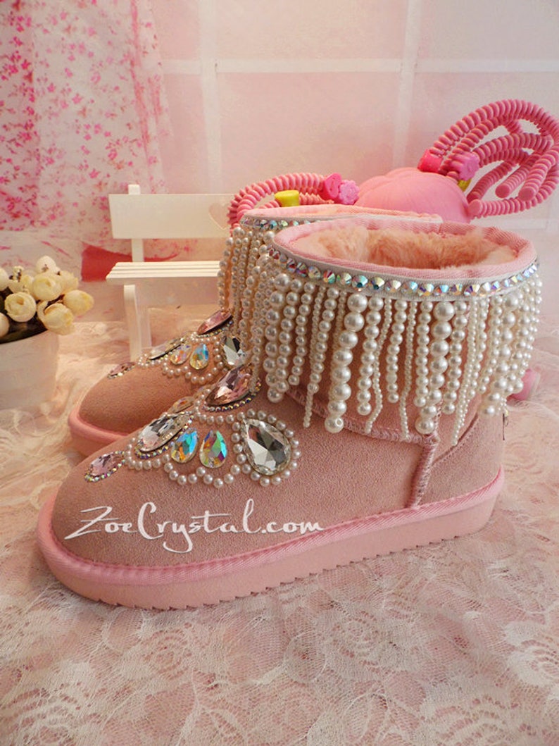 New **PROMOTION WINTER Pink Sheepskin FleechWool Boots with shinning and Princess CRYSTALS Pearls