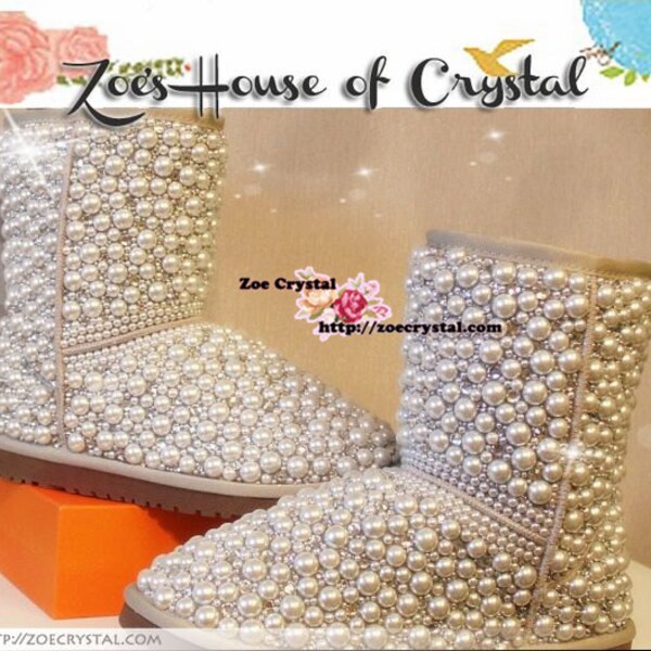 SHINY WINTER Bling and Sparkly Creamy White Pearls SheepSkin Wool BOOTS w shinning Czech or Swarovski crystals