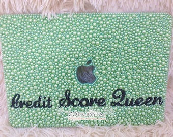 MACBOOK Air Pro Case Cover Bedazzled Bling w Light Green Pearls Swarovski Rhinestone